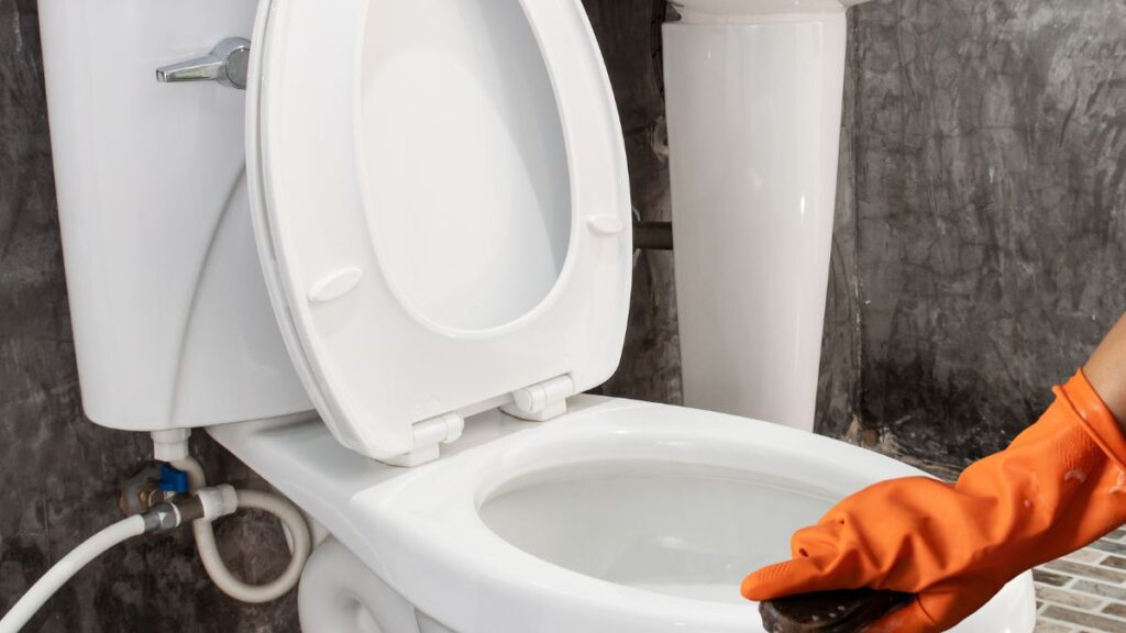 scrubbing hard water stains in toilet with brush and pumice stone