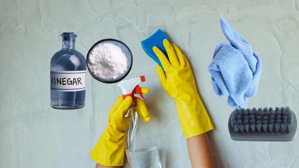 tools for cleaning shower with baking soda and vinegar