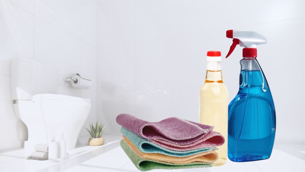 Spray bottle with vinegar and Dawn dish soap mixture next to shower cleaning supplies in bathroom