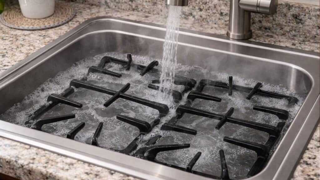 Black gas stove grates soaking in warm soapy water for grease removal
