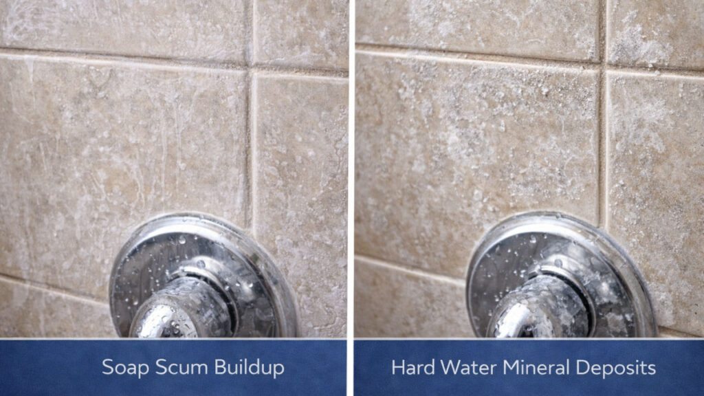 Comparison of soap scum buildup and clean ceramic shower tile