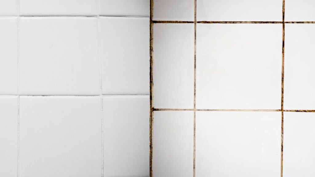 Side-by-side comparison of soap scum buildup and hard water mineral deposits on shower tile