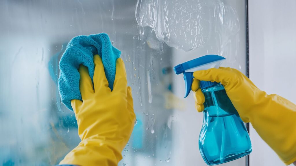 Spraying vinegar cleaning solution on shower glass to remove soap scum