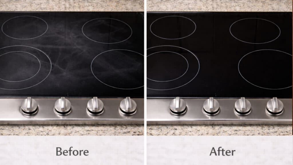 Cloudy streaked black glass stove top compared to polished streak-free surface