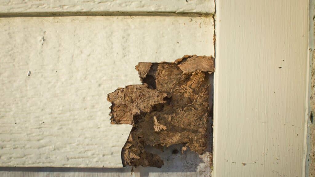 Swollen MDF cabinet edge caused by moisture intrusion during cleaning