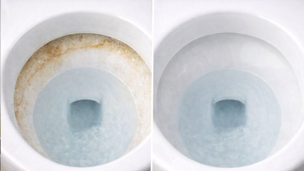 Toilet bowl mineral stain ring compared with a clean porcelain toilet bowl
