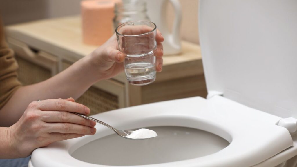 Baking soda added to toilet bowl with vinegar for natural toilet cleaning