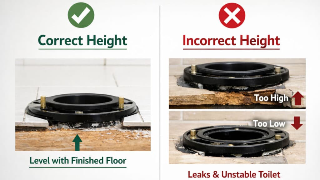 Correct toilet flange height above finished floor compared to low flange