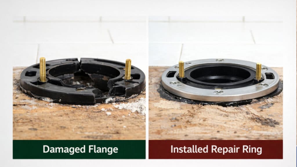 Toilet flange repair ring installed over damaged flange