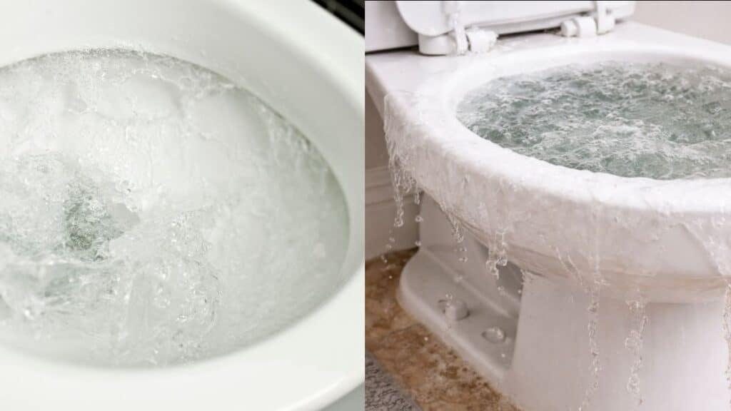comparison of proper toilet flush and toilet bowl overflow when flushed