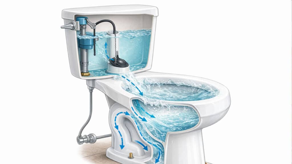 diagram of toilet tank and bowl showing flush mechanism and water flow