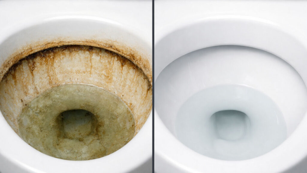 toilet brush cleaning under rim jets to remove buildup