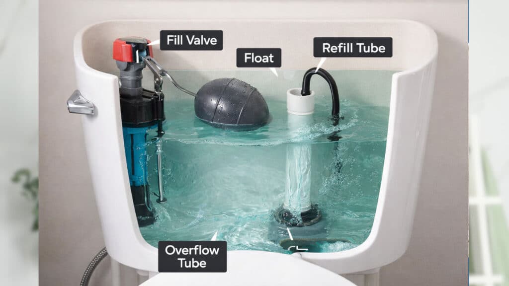 toilet tank fill valve float and refill tube placement diagram