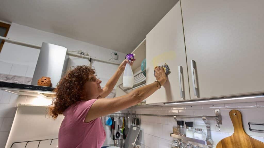 Cleaning greasy kitchen cabinets using damp microfiber cloth and mild degreaser