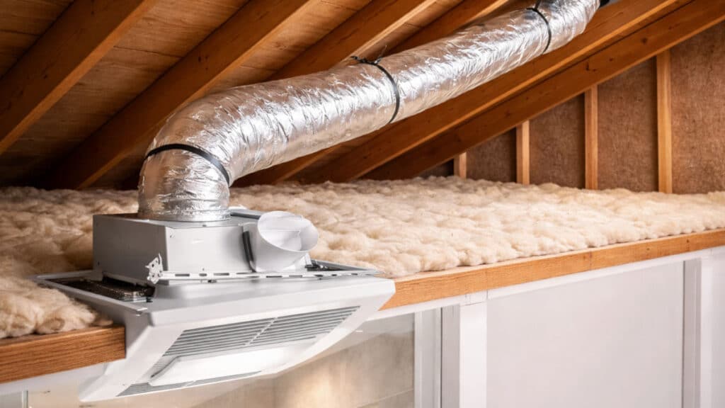 Bathroom exhaust duct routing through attic with minimal bend