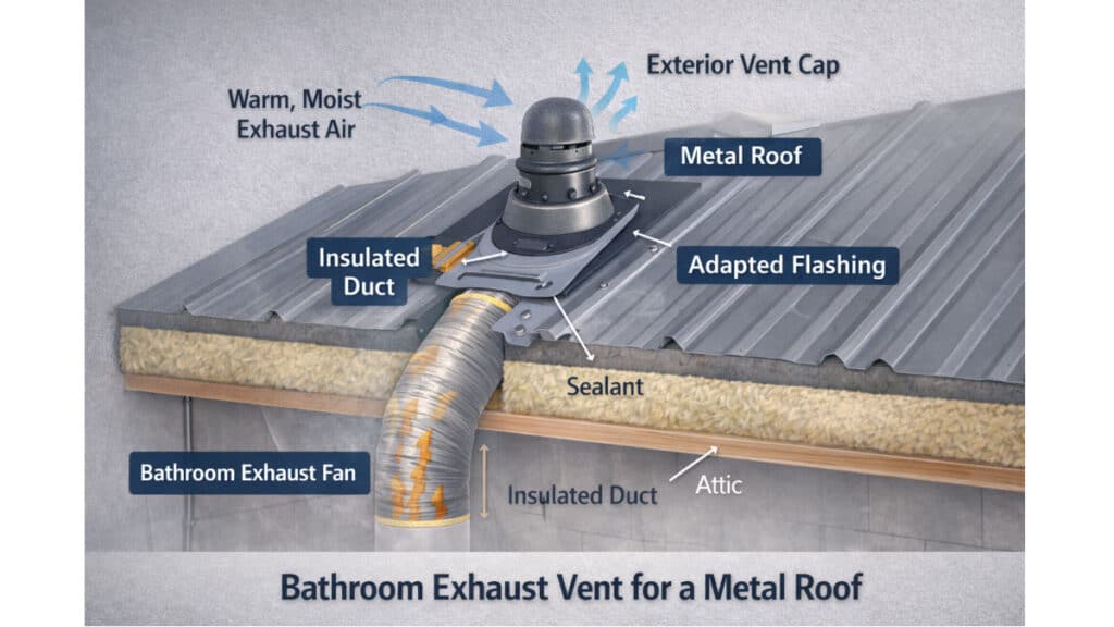 bathroom exhaust vent installation through metal roof with flashing diagram