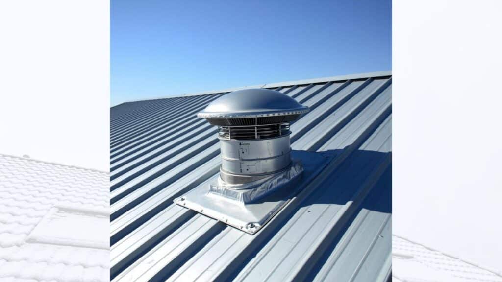 Bathroom exhaust vent installed on metal roof with proper flashing boot