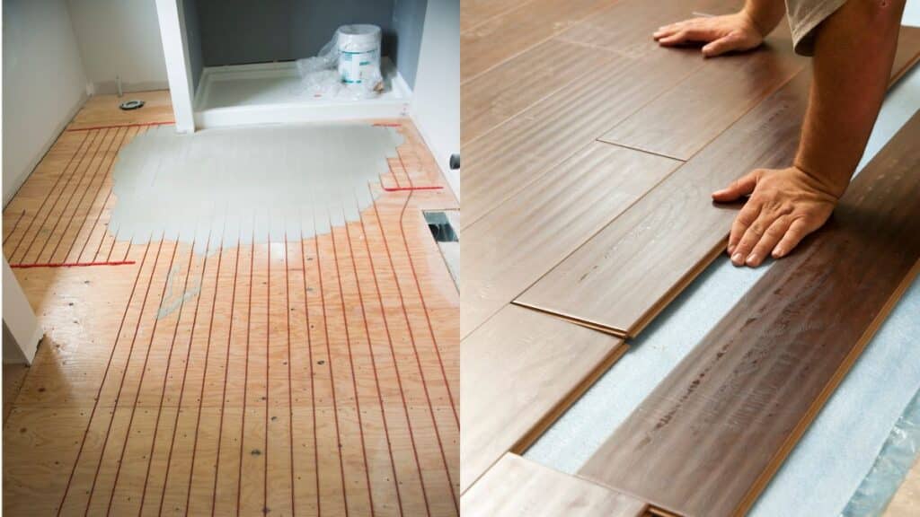 before and after flooring installation over concrete slab basement transformation