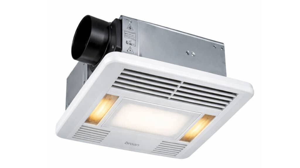 broan nutone bathroom exhaust fan with heater installed in ceiling with light