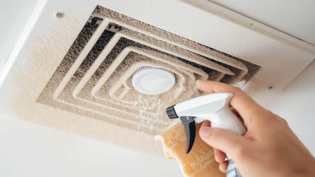 cleaning bathroom exhaust fan removing grille and vacuuming fan housing