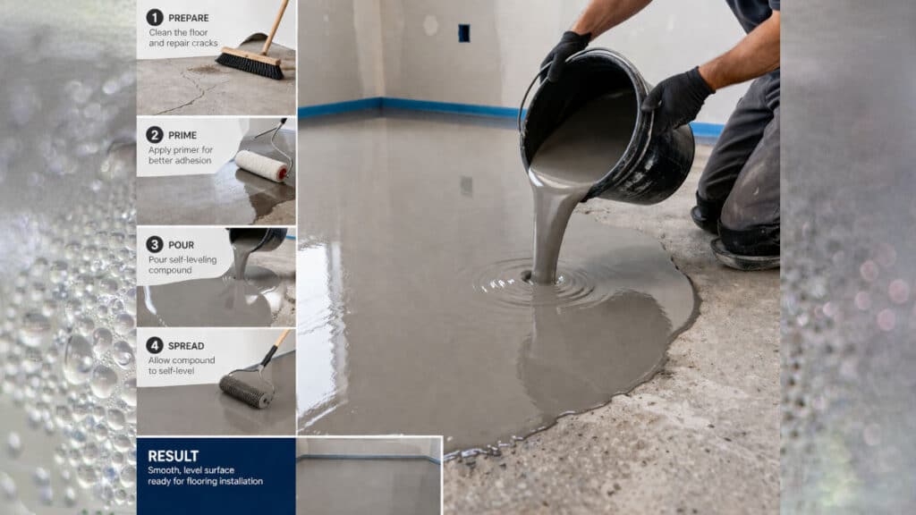 applying self leveling compound on uneven concrete floor before flooring installation