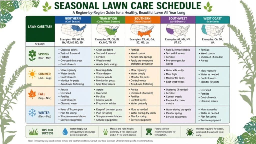Seasonal lawn care schedule chart for different regions in the United States