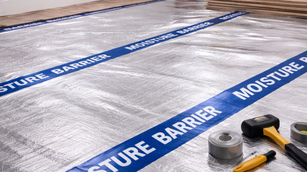 subfloor preparation with moisture barrier before flooring installation
