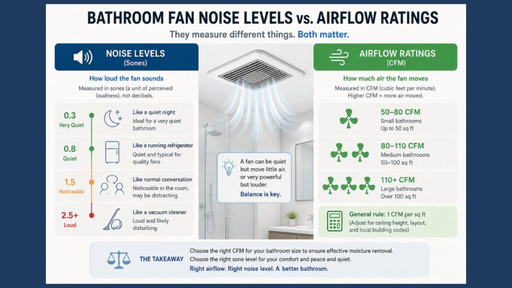 diagram showing difference between bathroom fan noise levels and airflow ratings