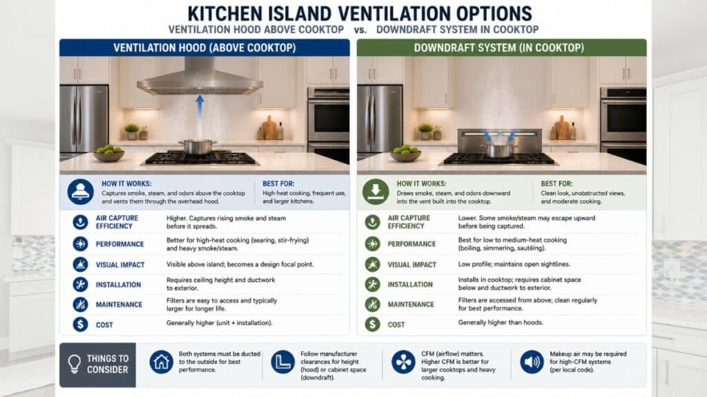 kitchen island ventilation hood compared to downdraft system