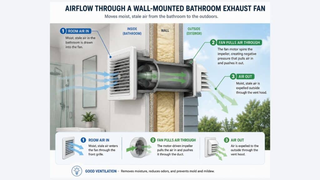 diagram showing airflow through wall mounted bathroom exhaust fan