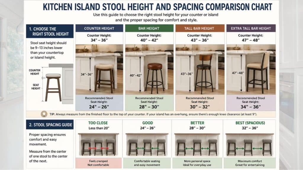 kitchen island stool height and spacing comparison chart